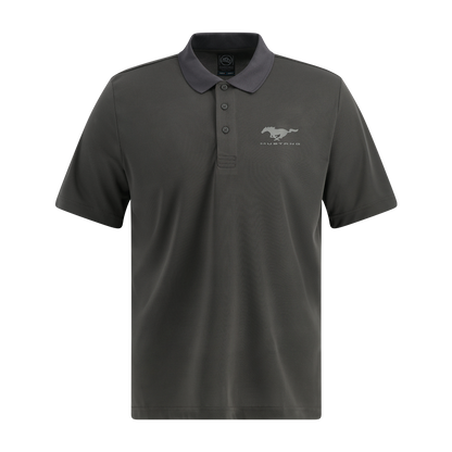 Dark gray polo shirt with a mustang pony on a white background