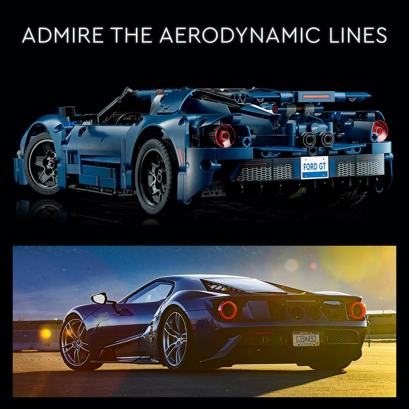 Blue sports car with 'Ford GT' branding on a black background