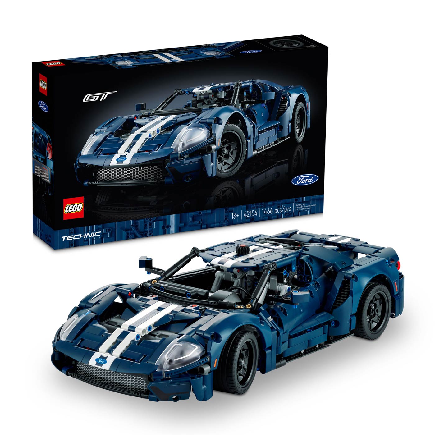 Blue and white sports car model with LEGO Technic branding on a white background