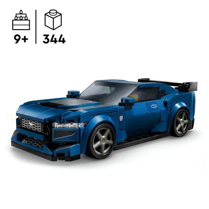 Blue sports car model made of interlocking bricks on a white background