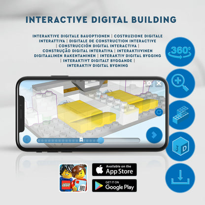 Phone displaying an interactive digital building app with multiple languages above and app store icons below.