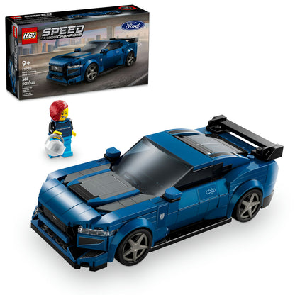 LEGO Speed Champions Ford Mustang building set with packaging and figure on a white background