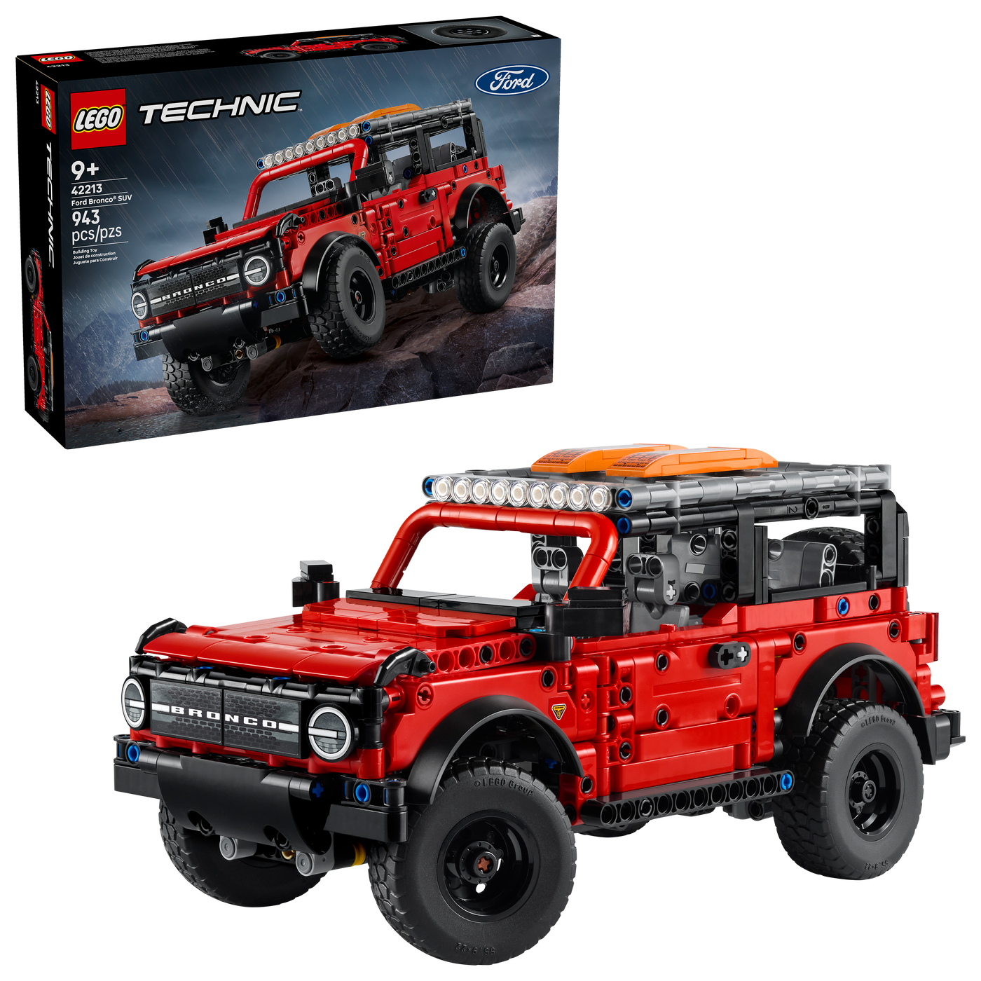 LEGO Technic Ford Bronco model and packaging on a white background