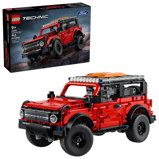 LEGO Technic Ford Bronco model and packaging on a white background