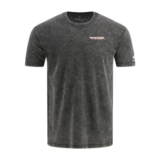 Black t-shirt with a logo on a white background