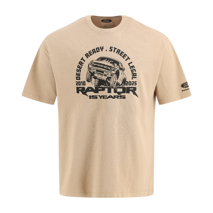 Beige t-shirt with Ford Raptor graphic and text on a white background