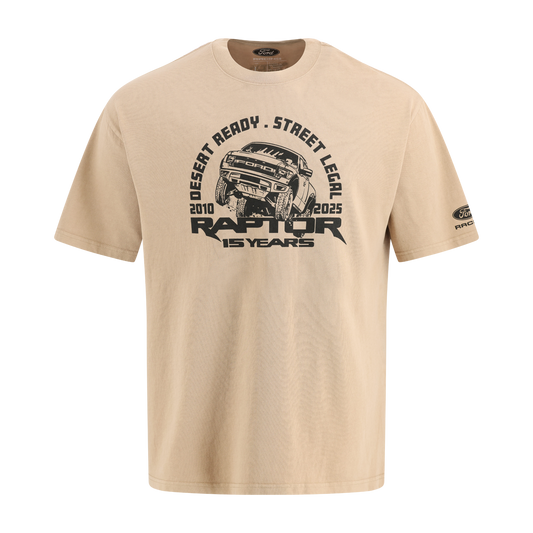 Beige t-shirt with Ford Raptor graphic and text on a white background
