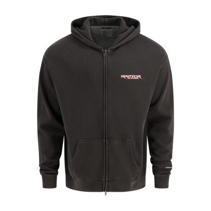 Black hoodie with a logo on the chest against a white background