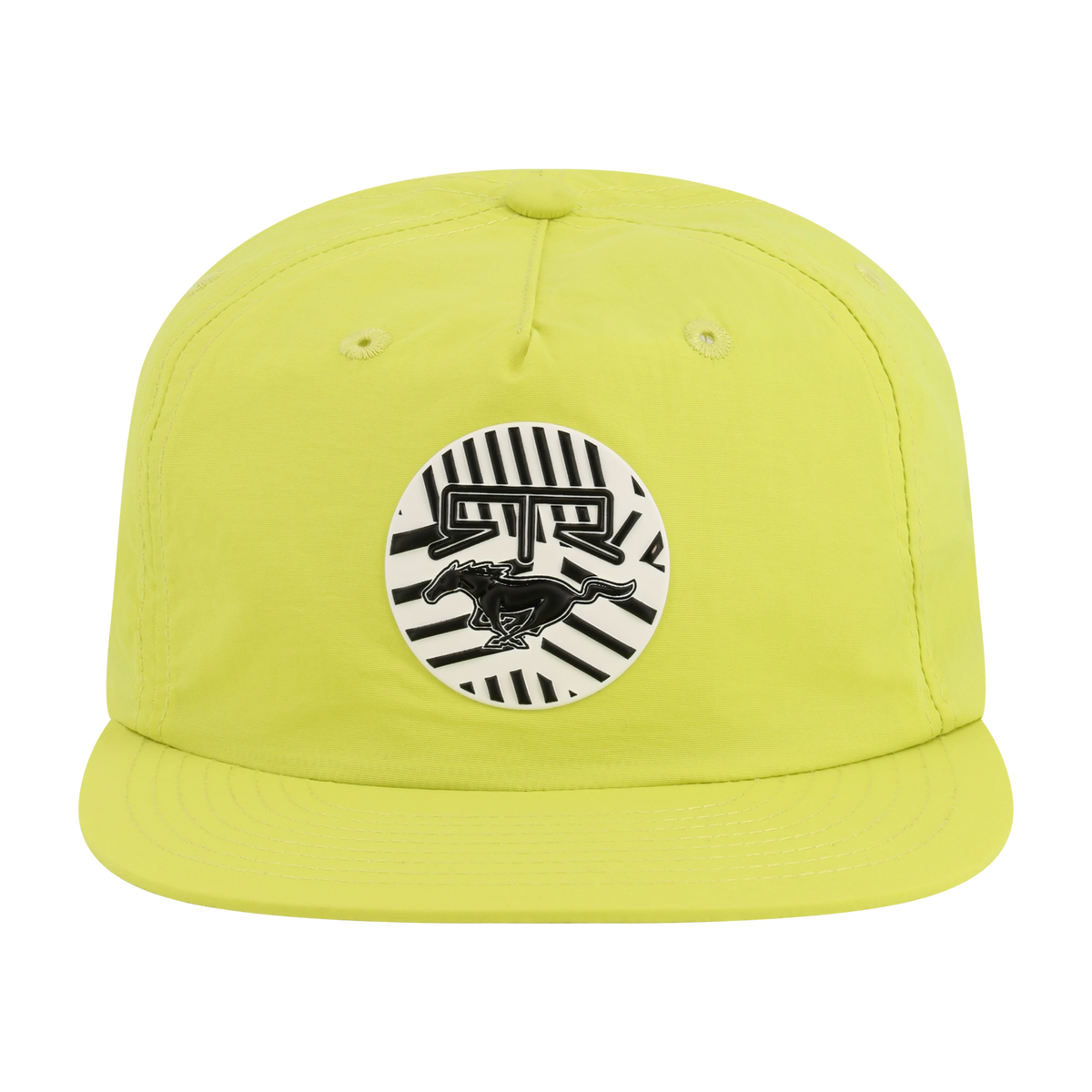 lime colored hat with an RTR logo and mustang pony logo striped badge