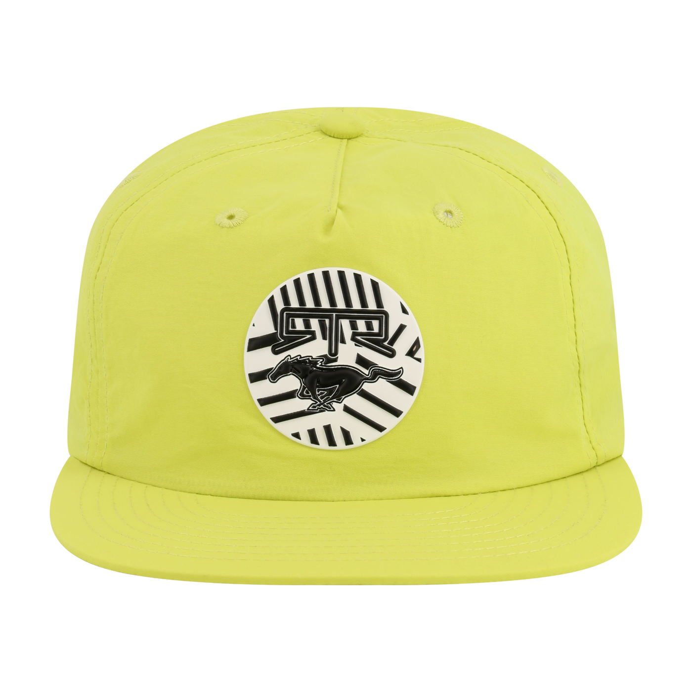 lime colored hat with an RTR logo and mustang pony logo striped badge