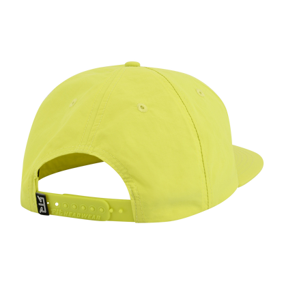 Yellow cap with a brand logo on the back on a white background