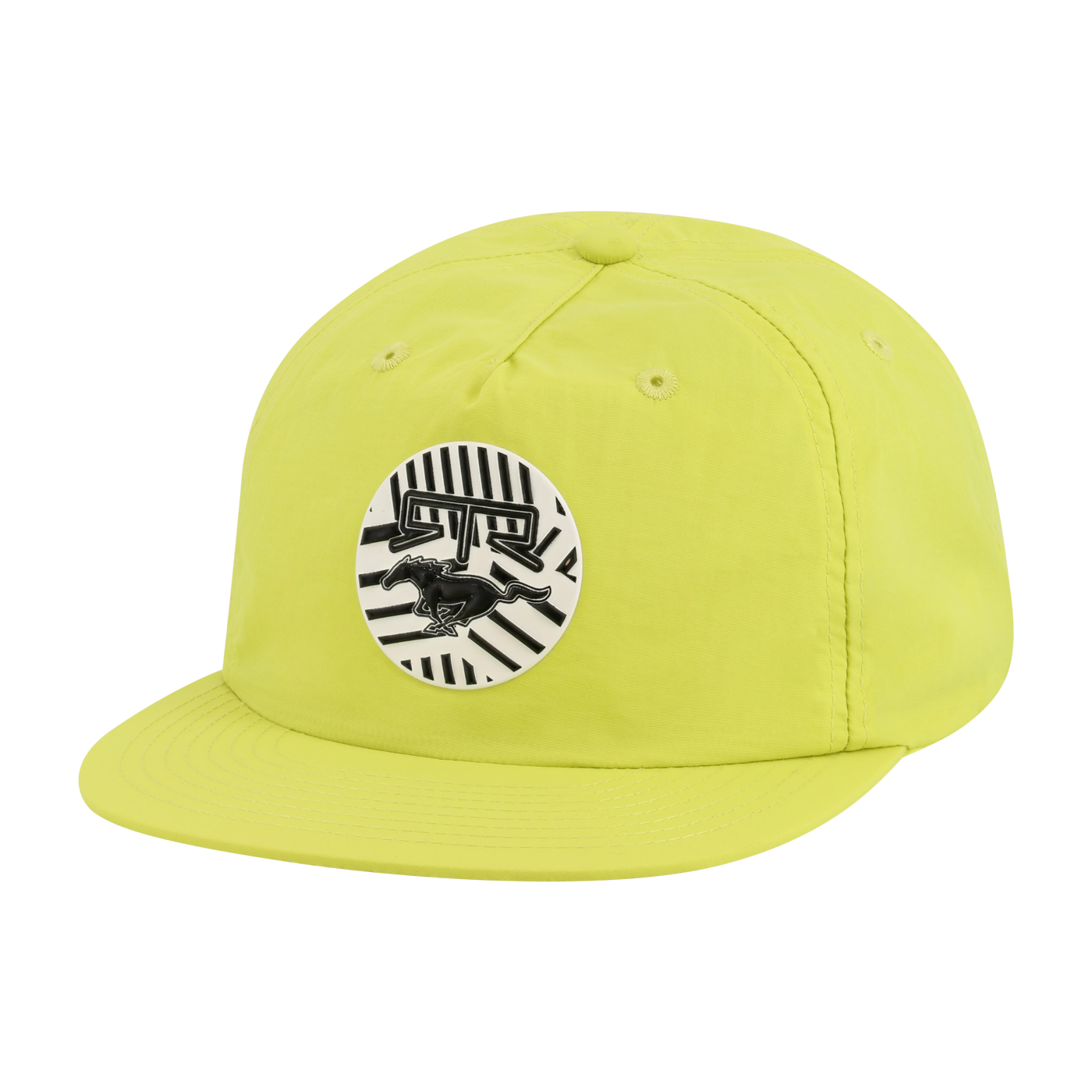 Yellow cap with a circular logo mustang RTR pony log featuring a horse on a white background