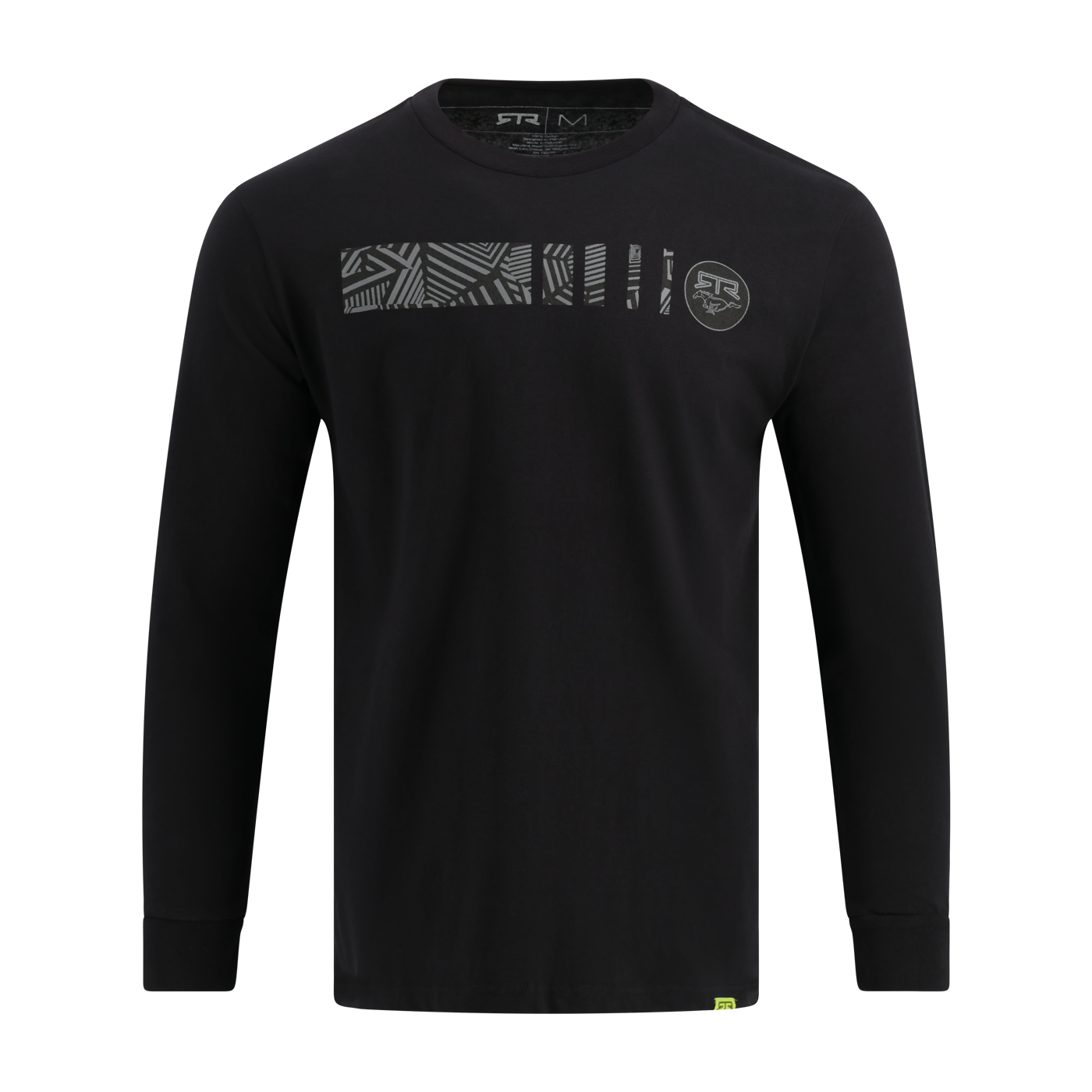 Black long-sleeve shirt with Ford Mustang RTR branding on a white background