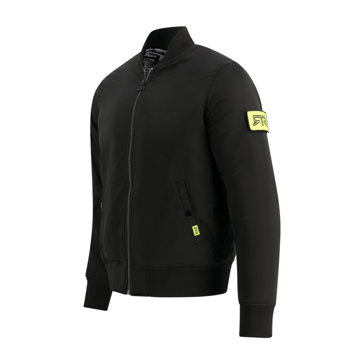 Black ford rtr jacket with a yellow RTR patch on a white background