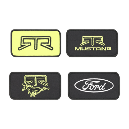 Set of four patches with ford mustang and RTR logos on a white background
