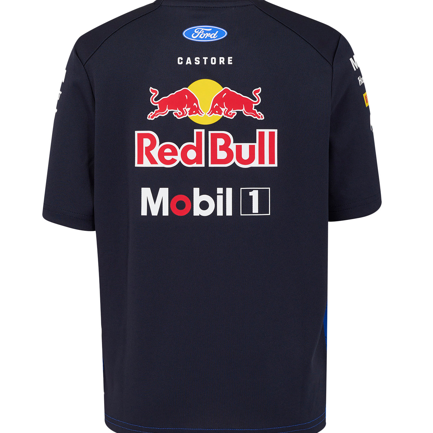 Black sports jersey with Red Bull and Mobil 1 logos on a white background