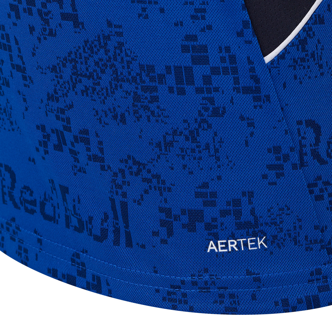 Close-up of a blue garment with a pattern and 'AerTek' branding.