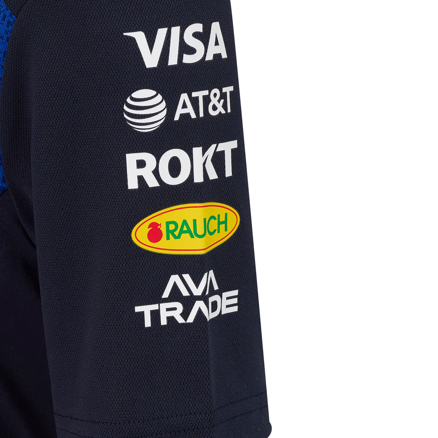Navy sleeve with logos of Visa, AT&T, ROKT, Rauch, and Ava Trade on a white background