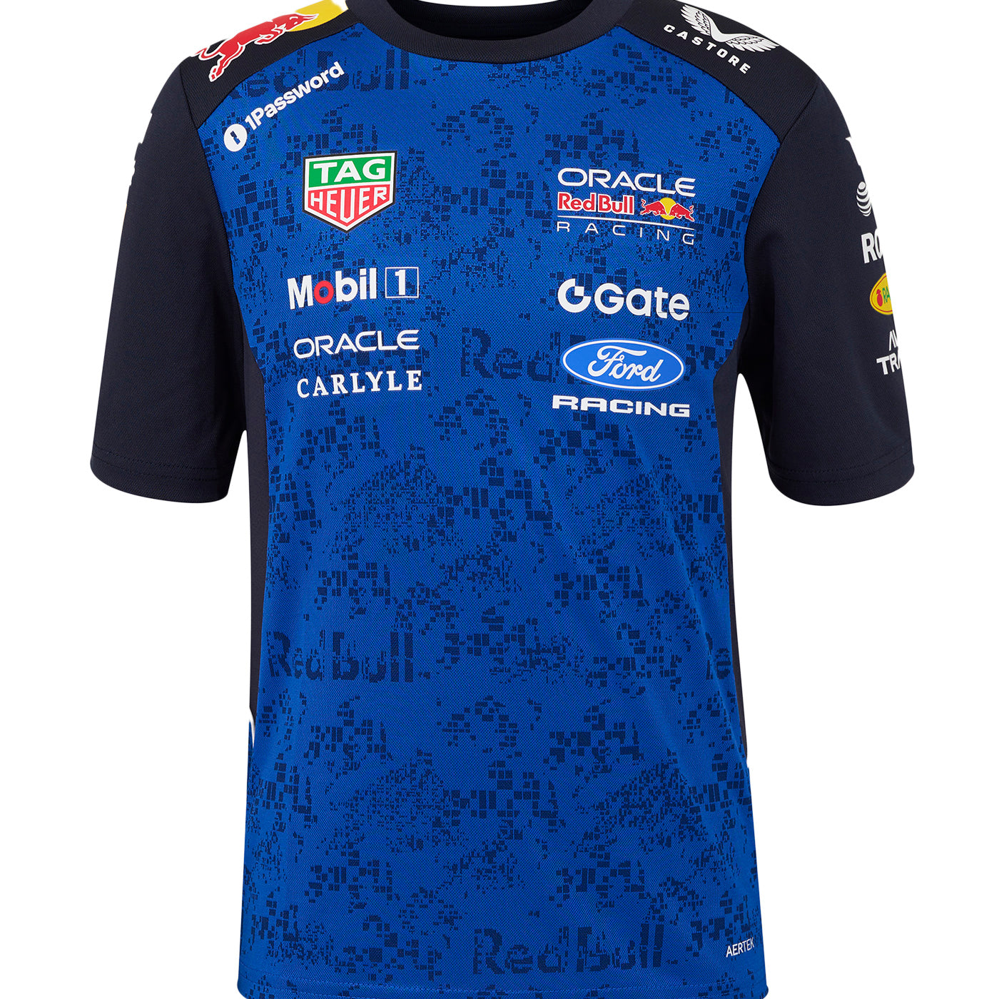 Blue and black FORD RACING REDBULL T SHIRT with various brand logos on a white background
