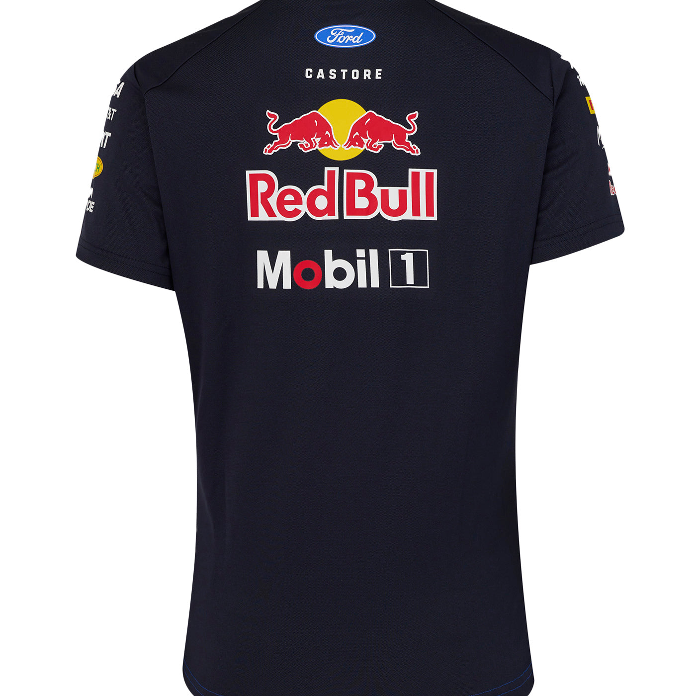 navy blue womens ford racing t-shirt with Red Bull and Mobil 1 logos on a white background
