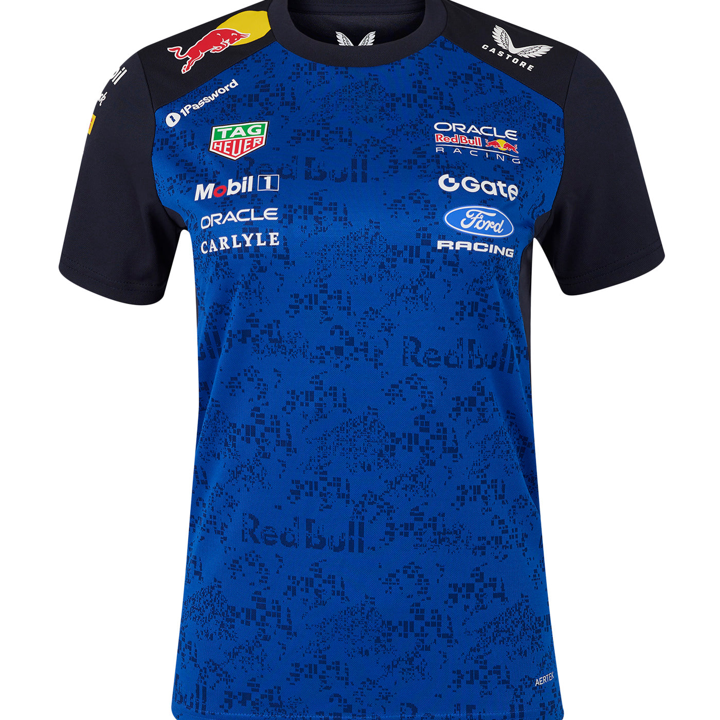 Blue and black ford racing redbull racing t shirt with various brand logos on a white background