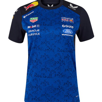 Blue and black ford racing redbull racing t shirt with various brand logos on a white background