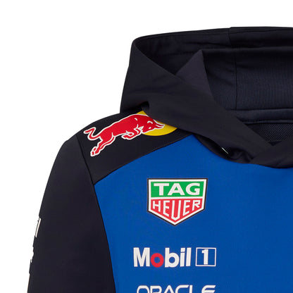 Black and blue hoodie with Red Bull, Tag Heuer, Mobil 1, and Oracle logos on a white background.