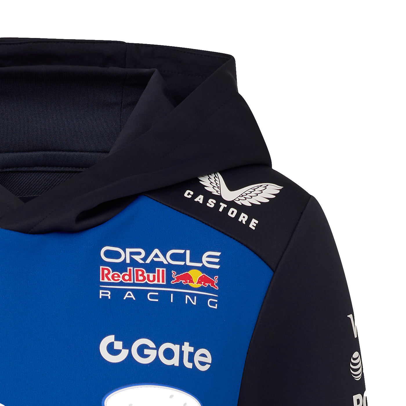 Close-up of a blue and black hoodie with Oracle Red Bull Racing and Castore branding.