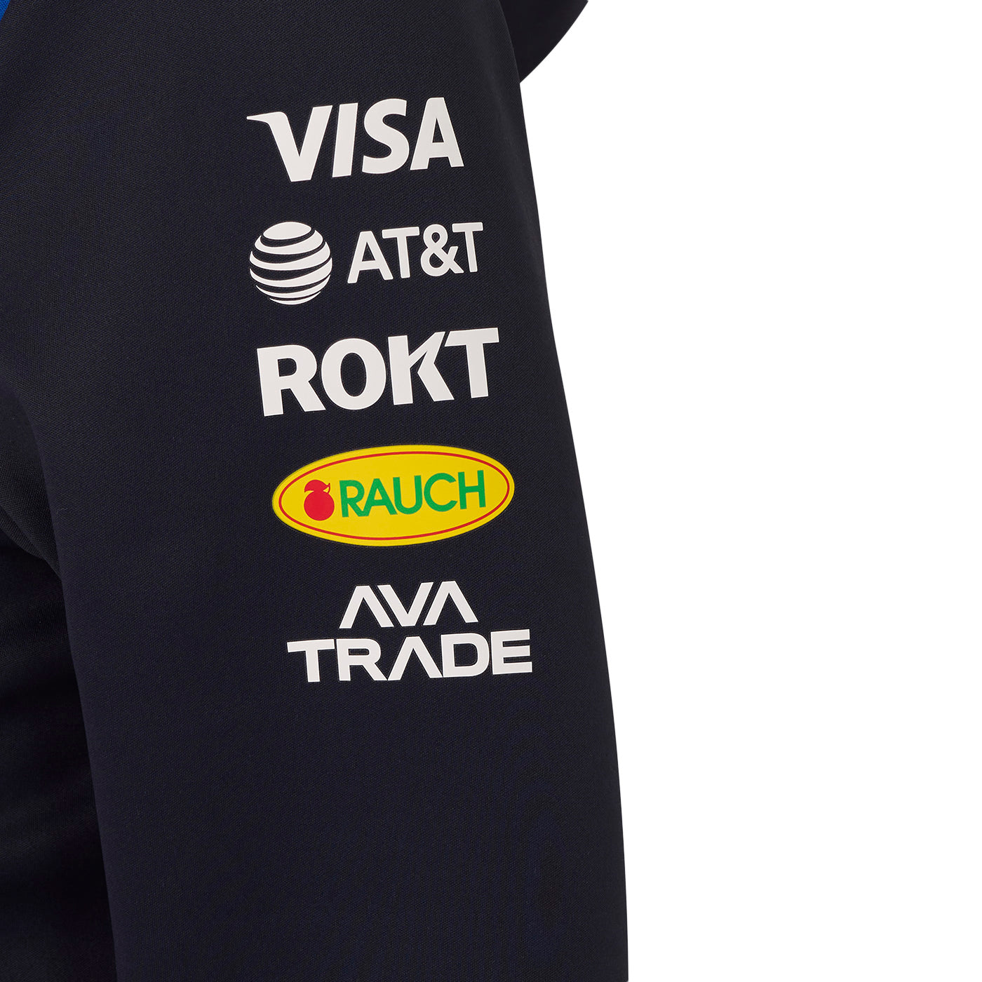 Black shirt with logos of Visa, AT&T, ROKT, Rauch, and Ava Trade on a white background