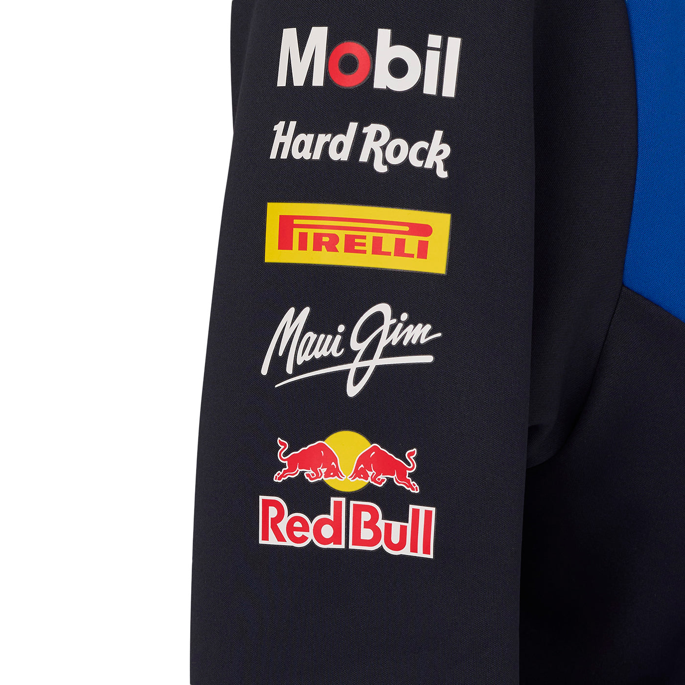 Black HOODIE with various brand logos including Mobil, Hard Rock, Pirelli, Maui Jim, and Red Bull.