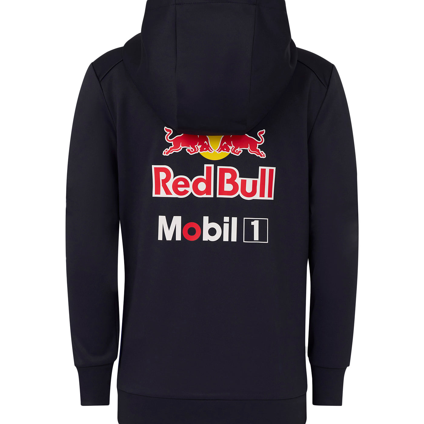 Black hoodie with Red Bull and Mobil 1 logos on the back against a white background