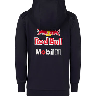 Black hoodie with Red Bull and Mobil 1 logos on the back against a white background