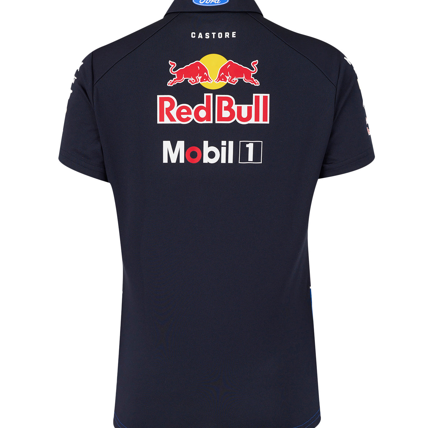 Black polo shirt with Red Bull and Mobil 1 logos on the back against a white background