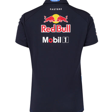 Black polo shirt with Red Bull and Mobil 1 logos on the back against a white background