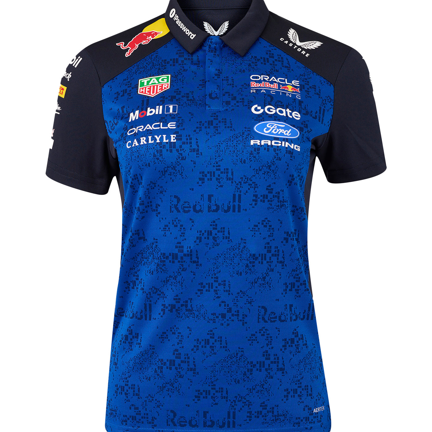 Blue and black ford racing redbull racing polo shirt with various brand logos on a white background