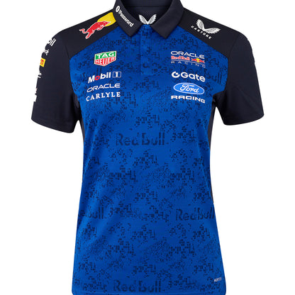 Blue and black ford racing redbull racing polo shirt with various brand logos on a white background