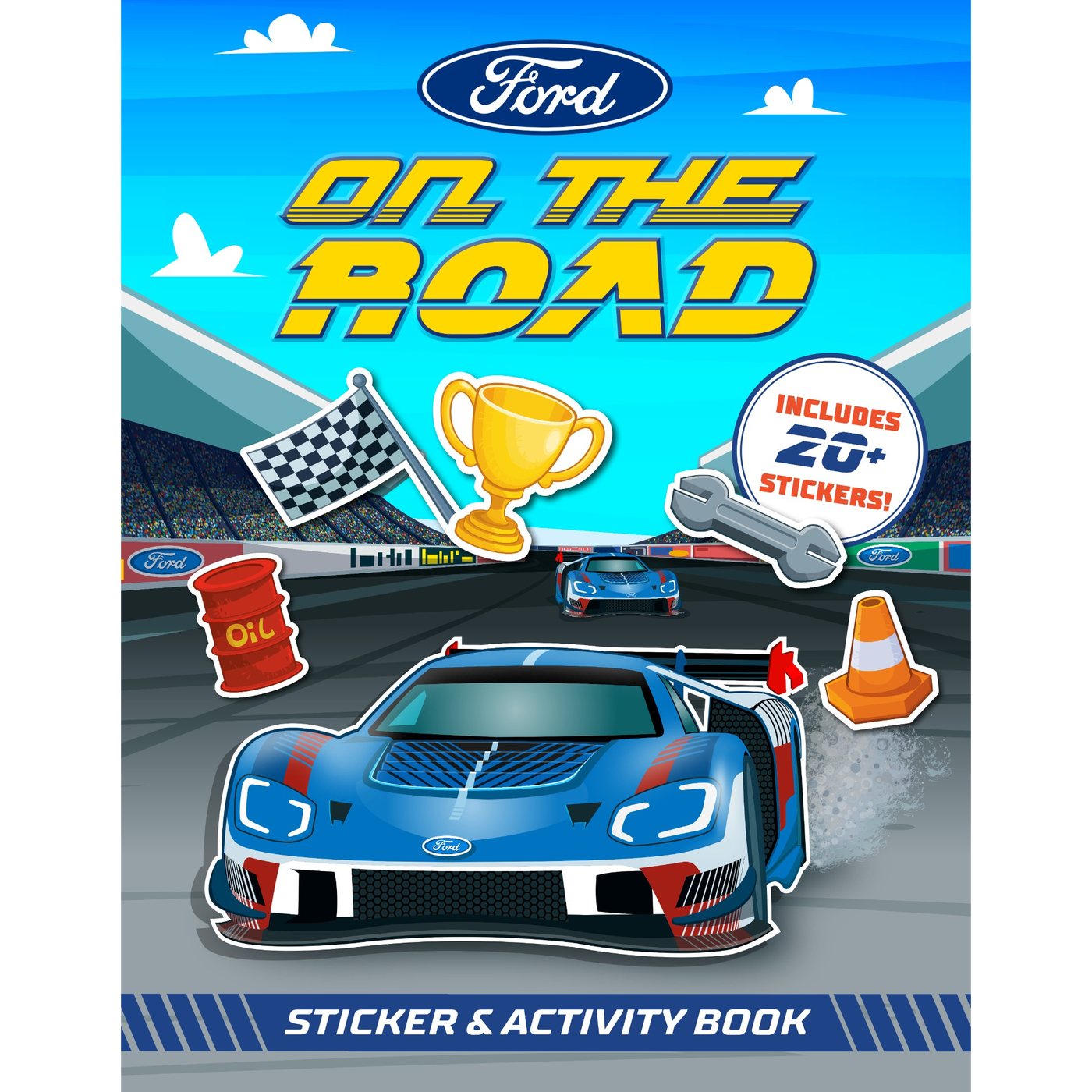 Ford 'On the Road' sticker and activity book cover with race car and racing elements.