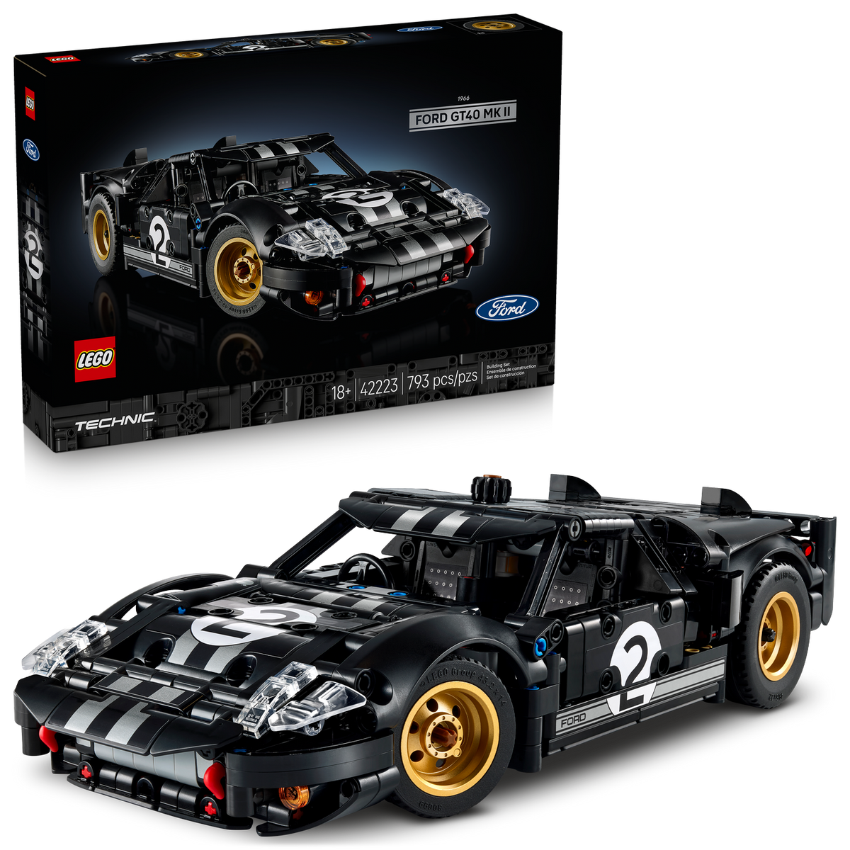 LEGO Technic Ford GT40 MK II model and packaging on a white background