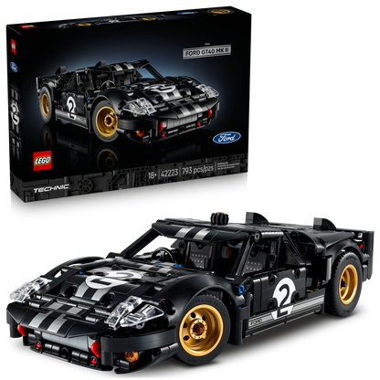 LEGO Technic Ford GT40 MK II model and packaging on a white background