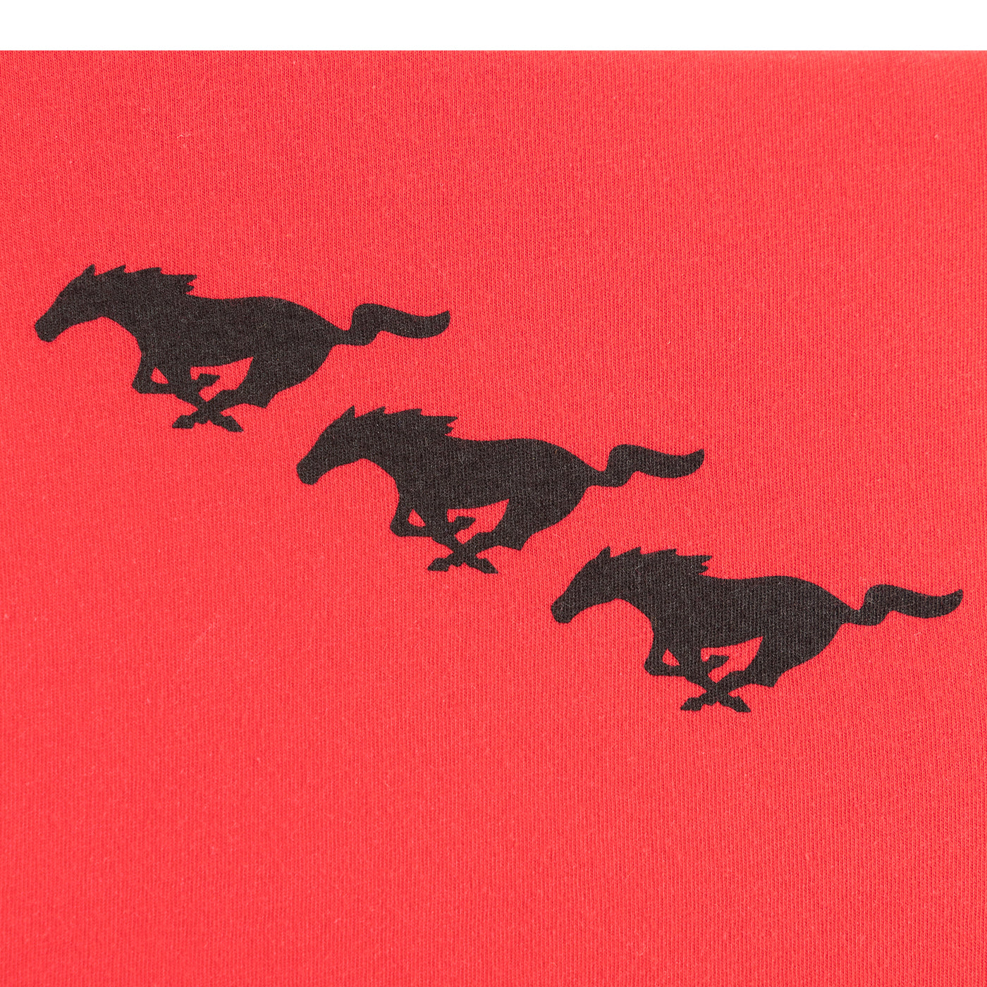 Three black running Ford Mustang horses on a red background