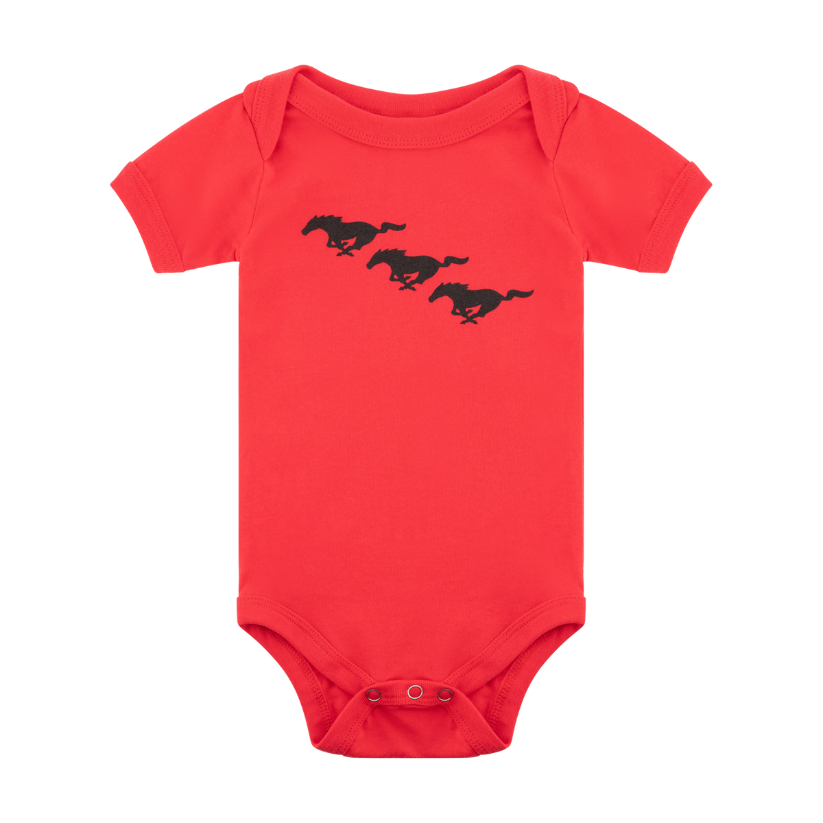 Red baby onesie with black Ford Mustang horse design on a white background