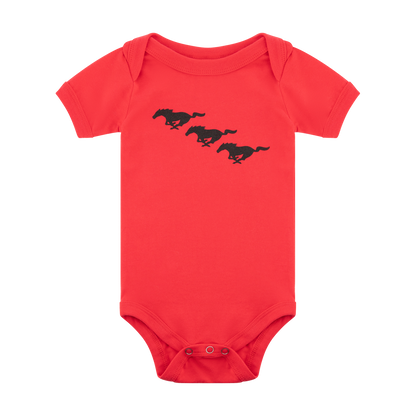 Red baby onesie with black Ford Mustang horse design on a white background