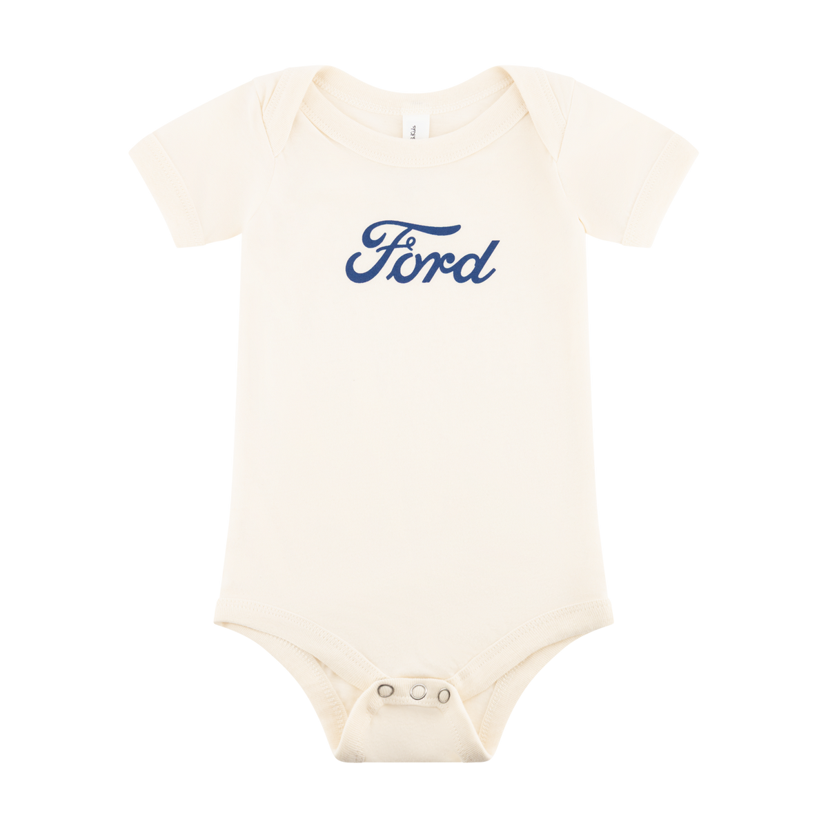 Beige baby onesie with 'Ford' printed in blue on a white background