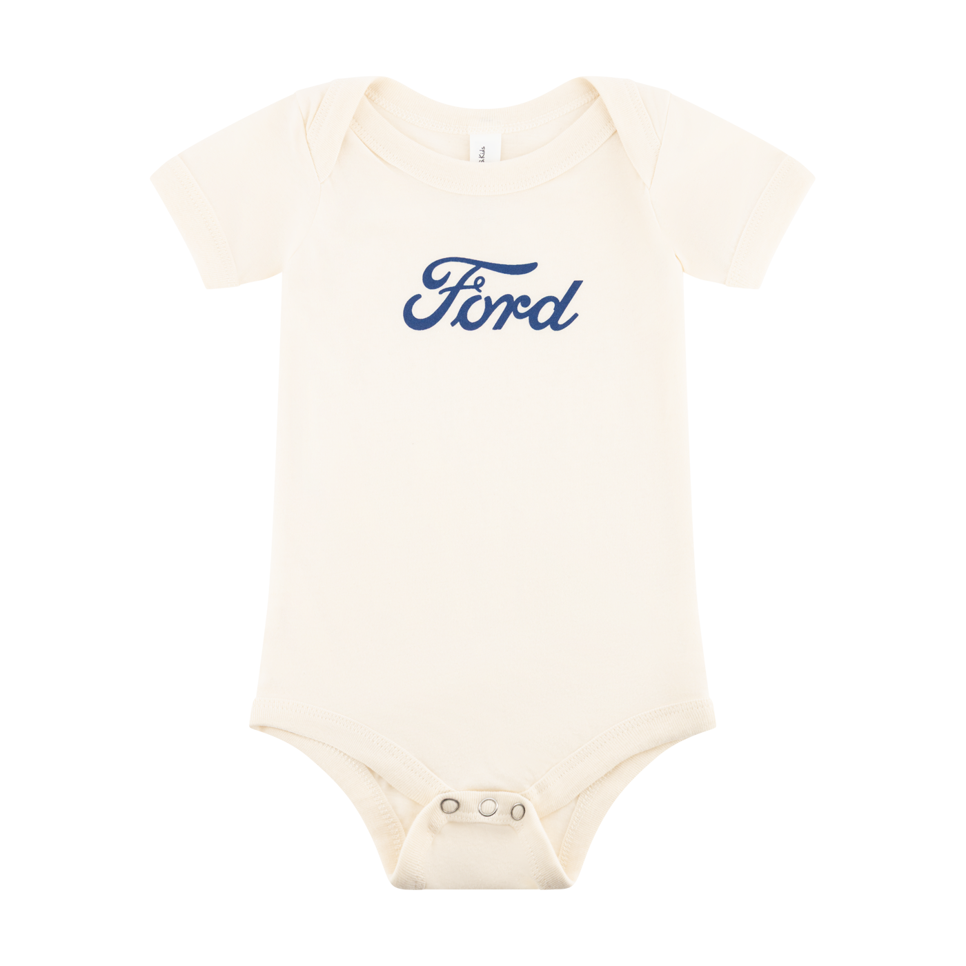 Beige baby onesie with 'Ford' printed in blue on a white background
