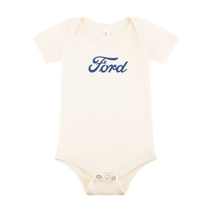 Beige baby onesie with 'Ford' printed in blue on a white background