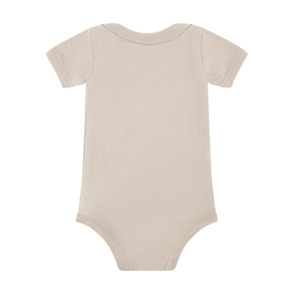 Beige baby onesie on a white background