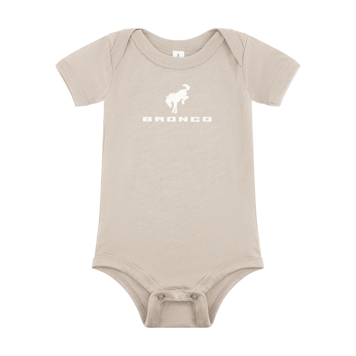 Beige baby onesie with a white Ford Bronco graphic and text on a white background