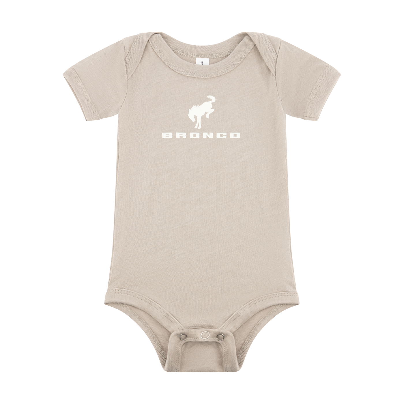 Beige baby onesie with a white Ford Bronco graphic and text on a white background