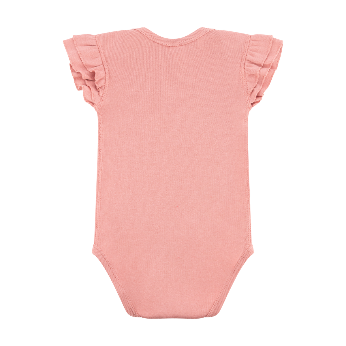 Pink baby onesie with ruffled sleeves on a white background