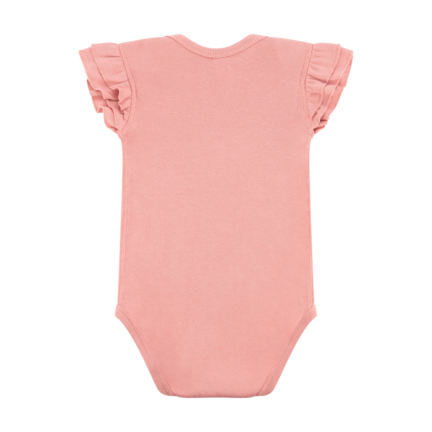 Pink baby onesie with ruffled sleeves on a white background